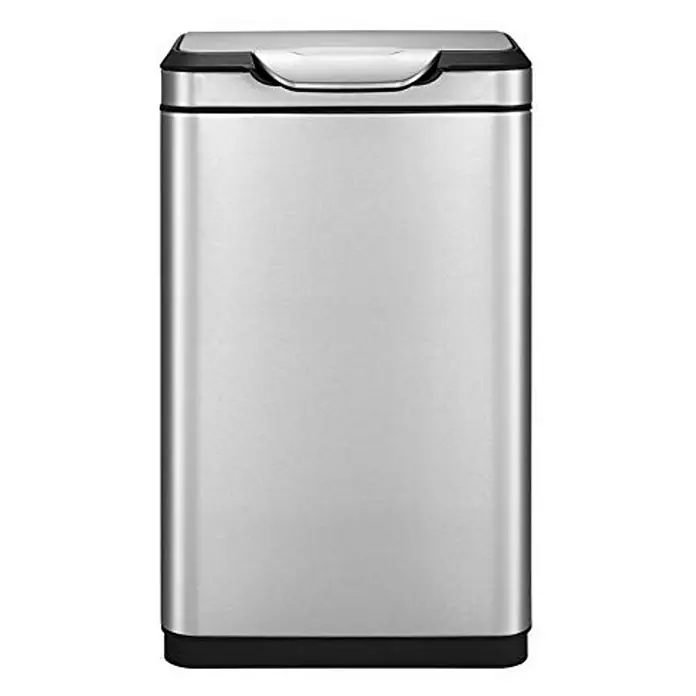 Proregal Standard Mülleimer Schöner Abfalleimer aus gebürstetem Edelstahl mit breiter Touch-Öffnung - 40 l, Edelstahl, Silber - Ein moderner, rechteckiger, silberner Mülleimer mit schwarzem Deckel und Boden für ein stilvolles und hygienisches Abfallmanagement.