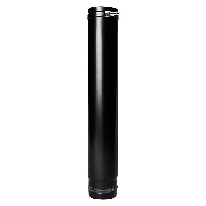 Pelletrohr - Ø x L: 80 x 750 mm, Spannring, Emailliert, Schwarz - Schwarzes Ofenrohr mit einem Verschluss am oberen Ende, glänzend und zylindrisch.
