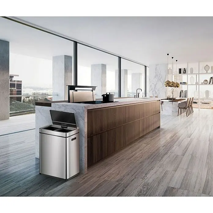 Proregal Sensormülleimer Stylischer Sensor-Mülleimer aus gebürstetem Edelstahl - 60 l, Edelstahl, Silber - Eleganter Edelstahl-Mülleimer mit zwei Fächern für eine mühelose Abfalltrennung in einer modernen Küche. Praktisch und stilvoll.