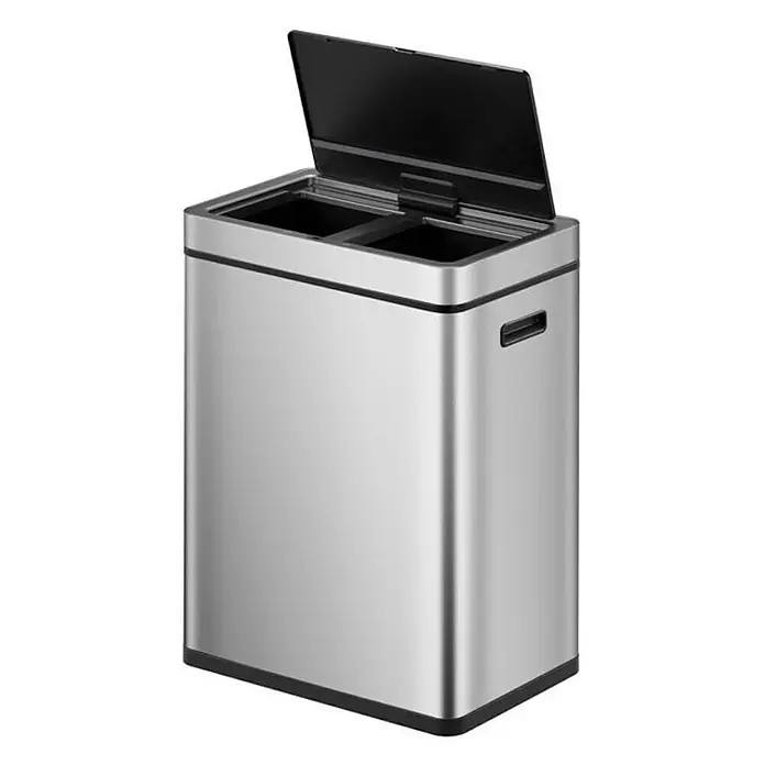 Proregal Sensormülleimer Stylischer Sensor-Mülleimer aus gebürstetem Edelstahl - 60 l, Edelstahl, Silber - Bild eines Mülleimers mit zwei Fächern und offenem Deckel, ideal für die Mülltrennung in Haushalten und Büros. Er ist stilvoll und funktional.