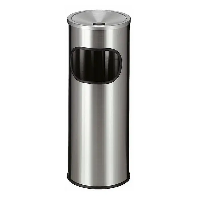 Proregal Standard Mülleimer Runder Edelstahl Kombiascher - 9 l, Edelstahl, Silber - Ein eleganter, zylindrischer Abfalleimer aus Edelstahl mit einer runden Öffnung oben und einer ovalen Öffnung an der Seite.