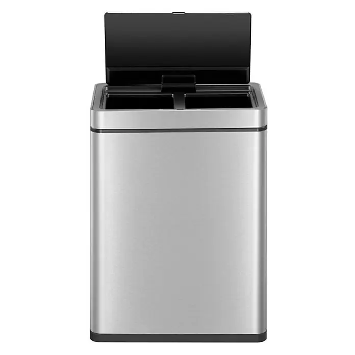 Proregal Sensormülleimer Stylischer Sensor-Mülleimer aus gebürstetem Edelstahl - 60 l, Edelstahl, Silber - Ein rechteckiger, silberfarbener Dual-Abfalleimer mit offenem, schwarzem Deckel. Ideal für die Mülltrennung in Küche oder Büro.