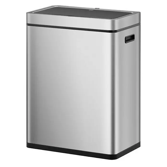 Proregal Sensormülleimer Stylischer Sensor-Mülleimer aus gebürstetem Edelstahl - 60 l, Edelstahl, Silber - Bild eines silbernen, rechteckigen Abfalleimers mit schwarzem Deckel und Griffmulden. Der moderne Treteimer ist ideal für Küche und Bad.