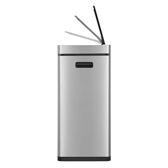 Proregal Sensormülleimer Stylischer Sensor-Mülleimer aus gebürstetem Edelstahl - 60 l, Edelstahl, Silber - Das Bild zeigt einen rechteckigen, silberfarbenen Mülleimer mit einem schwarzen Griff und einem sich öffnenden Deckel.