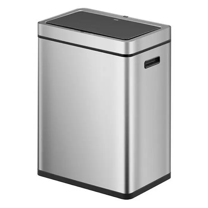 Proregal Sensormülleimer Stylischer Sensor-Mülleimer aus gebürstetem Edelstahl - 60 l, Edelstahl, Silber - Edelstahl-Abfalleimer mit schwarzem Deckel. Der Eimer hat eine rechteckige Form mit abgerundeten Ecken und seitliche Griffe zum einfachen Tragen.