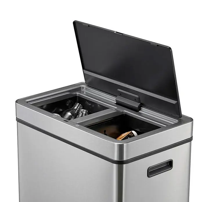 Proregal Sensormülleimer Stylischer Sensor-Mülleimer aus gebürstetem Edelstahl - 60 l, Edelstahl, Silber - Silberner Dual-Abfallbehälter mit offenem Deckel, der zwei separate Fächer für die Mülltrennung zeigt. Praktisches Design für Recycling.