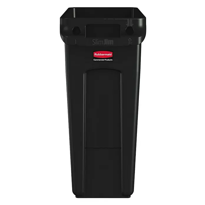 Rubbermaid Slim Jim Mülleimer mit Belüftungskanälen | 60 Liter, HxBxT 63,5x28x56cm | Schwarz -  - Schwarzer Rubbermaid Slim Jim Abfallbehälter für den gewerblichen Gebrauch, ideal für enge Räume. Robuste Konstruktion, langlebig.