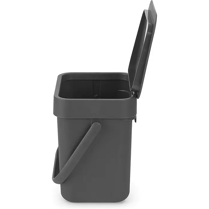 Proregal Standard Mülleimer Brabantia Abfallsammler mit Stay-open Deckel - 3 l, Kunststoff, Dunkelgrau - Grauer Küchenabfalleimer mit Deckel offen. Der Bioeimer hat einen Tragegriff und ein schlichtes, modernes Design für die Arbeitsplatte.