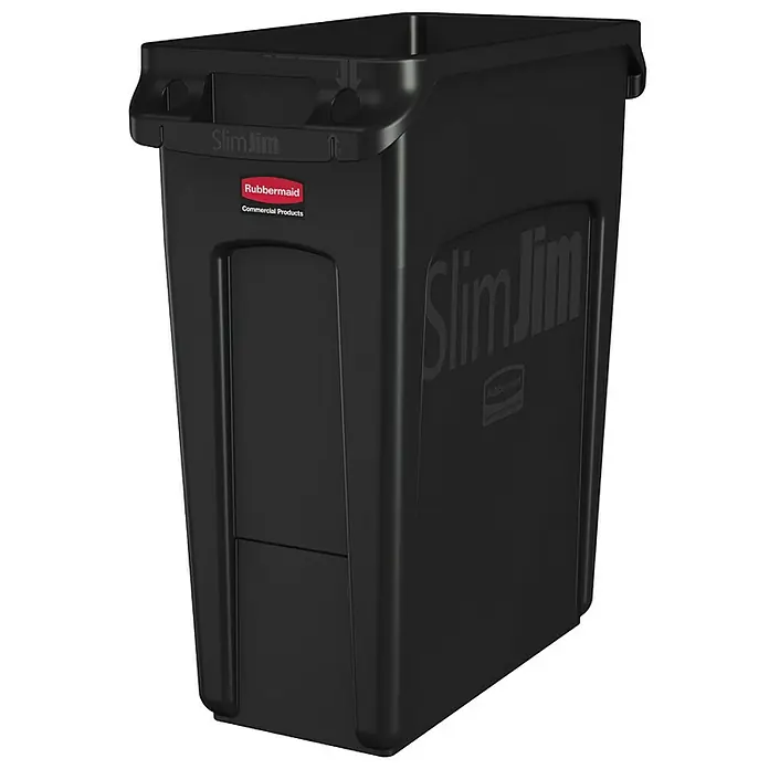 Rubbermaid Slim Jim Mülleimer mit Belüftungskanälen | 60 Liter, HxBxT 63,5x28x56cm | Schwarz -  - Schwarzer Rubbermaid Slim Jim Abfallbehälter, ideal für gewerbliche Zwecke, mit schmalem Design zur Platzersparnis und integrierten Griffen.