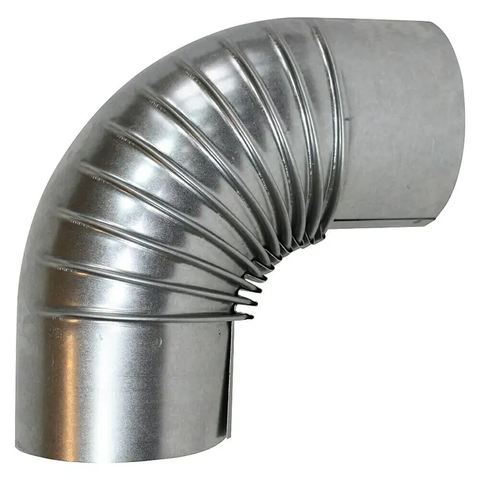 Bertrams Ofenrohrbogen - Durchmesser: 110 mm, Bogenwinkel: 90 °, Feueraluminiert, Silbergrau - Das Bild zeigt ein 90-Grad-Rohrbogenstück, ein essentielles Bauteil für Lüftungs- und Klimaanlagen, aus robustem Metall gefertigt.