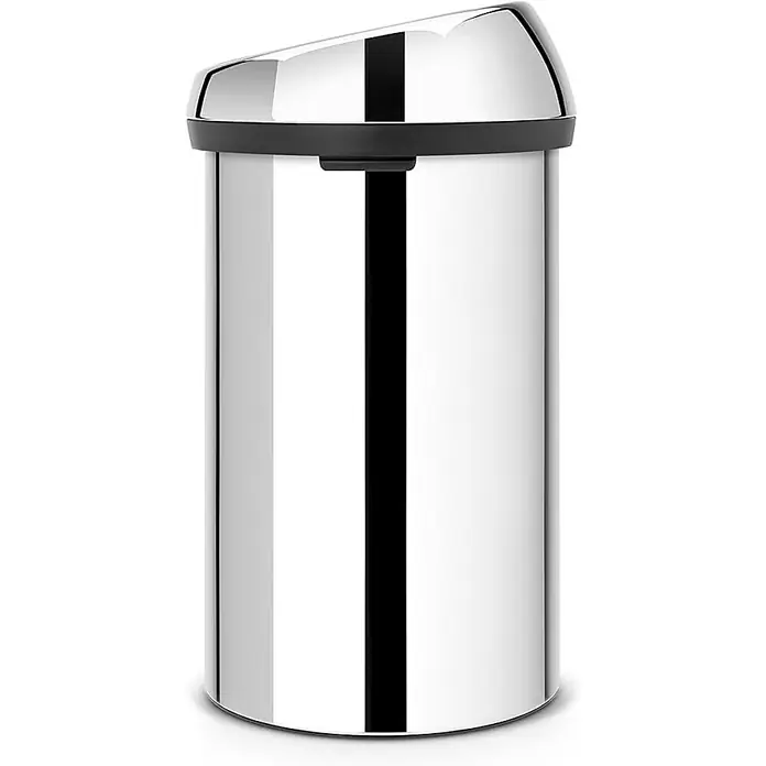 Proregal Standard-Mülleimer Brabantia Abfallbehälter mit Soft-Touch-Öffnung - 60 l, Metall, Edelstahl - Abfalleimer aus Edelstahl mit schwarzem Detail. Der Mülleimer ist zylindrisch und hat einen schrägen Deckel. Er wirkt modern und elegant.