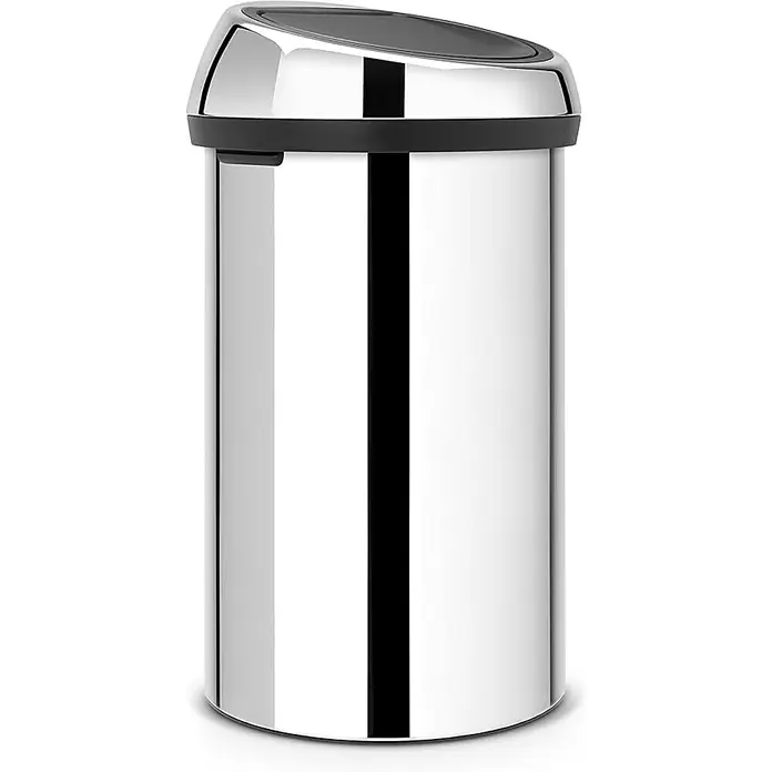 Proregal Standard-Mülleimer Brabantia Abfallbehälter mit Soft-Touch-Öffnung - 60 l, Metall, Edelstahl - Ein glänzender, zylindrischer Edelstahl-Abfalleimer mit schwarzem Deckel, der sich perfekt für moderne Küchen und Badezimmer eignet.