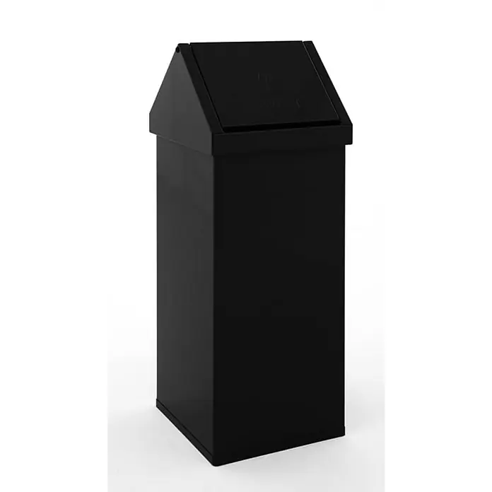Proregal Standard-Mülleimer Eckiger Aluminium Abfallbehälter Haiti mit Swingdeckel - 110 l, Aluminium, Schwarz - Bild einer schwarzen Mülltonne mit schrägem Deckel, ideal für Büros oder öffentliche Räume, die ein stilvolles Abfallmanagement wünschen.