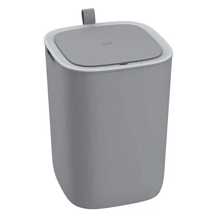 Proregal Sensormülleimer Moderner quadratischer Abfalleimer mit Smart Sensor - 12 l, Kunststoff, Grau - Nahaufnahme eines grauen EKO-Abfallbehälters mit Deckel und einem praktischen Tragegriff für einfache Handhabung und stilvolle Abfallentsorgung.