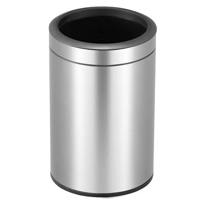 Proregal Standard Mülleimer Runder Abfalleimer aus gebürstetem Edelstahl mit offener Einwurföffnung - 12 l, Edelstahl, Silber - Silberfarbener, zylindrischer Abfallbehälter mit schwarzem Rand. Ideal für Büro oder Küche, bietet er stilvolle Funktionalität.