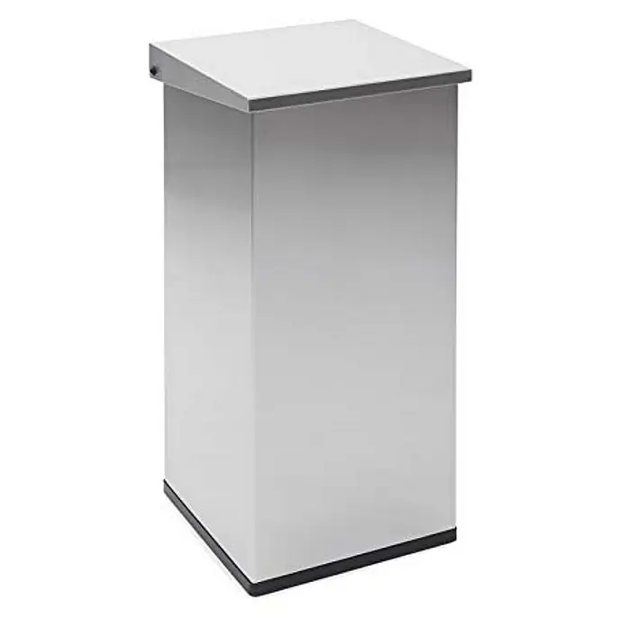 Proregal Standard-Mülleimer Eckiger feuerfester Abfallbehälter Haiti mit Softclose Hebedeckel - 55 l, Edelstahl, Edelstahl / Silber - Ein detailreiches Bild einer modernen, grauen Rednerpult, perfekt für Präsentationen und Vorträge. Stilvoll und funktionell für jeden Veranstaltungsort.