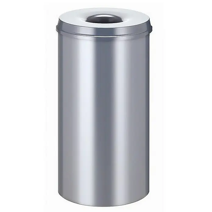 Proregal Papierkorb & Abfallsammler aus Metall selbstlöschend - 50 l, Metall, Silber - Ein zylindrischer, silberfarbener Papierkorb mit einem Loch in der Mitte des Deckels für die Müllentsorgung.
