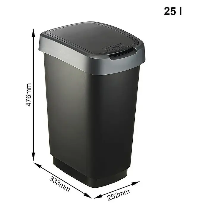 Proregal Standard-Mülleimer Klassischer Abfalleimer für Innenbereich - 25 l, Kunststoff, Schwarz-Silber - Abbildung eines schwarzen 25-Liter-Abfalleimers mit silberfarbenem Deckel und Maßangaben zu Höhe und Breite.