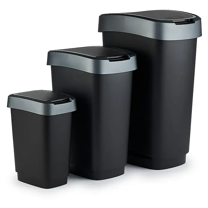 Proregal Standard-Mülleimer Klassischer Abfalleimer für Innenbereich - 25 l, Kunststoff, Schwarz-Silber - Bild von drei schwarzen Abfalleimern unterschiedlicher Größe mit grauen Deckeln.