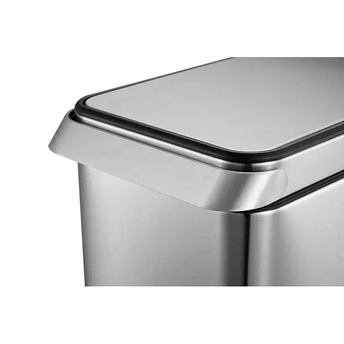 Proregal Standard Mülleimer Eleganter Abfalleimer aus gebürstetem Edelstahl mit Touch Bar - 30 l, Edelstahl, Silber - Detailaufnahme eines modernen, rechteckigen Abfalleimers aus Edelstahl mit Deckel und sauberer Linienführung.