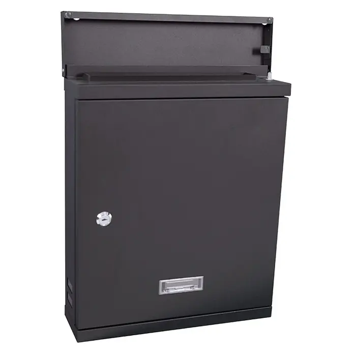 Proregal Wandbriefkasten Valencian aus pulverbeschichtetem verzinkten Stahl - Schwarz, Metall - Hier ist ein schwarzer Briefkasten mit Klappe oben und Schloss, ideal für den Empfang Ihrer Post.