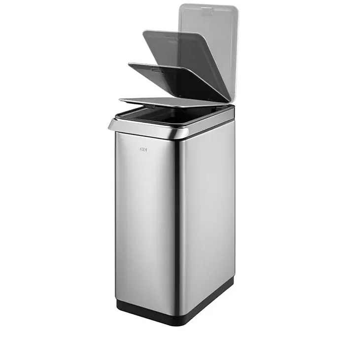 Proregal Standard Mülleimer Eleganter Abfalleimer aus gebürstetem Edelstahl mit Touch Bar - 30 l, Edelstahl, Silber - Ein silberfarbener EKO Phantom Mülleimer mit einem innovativen Soft-Close-Deckel in Bewegung. Hochwertiges Design für moderne Küchen.