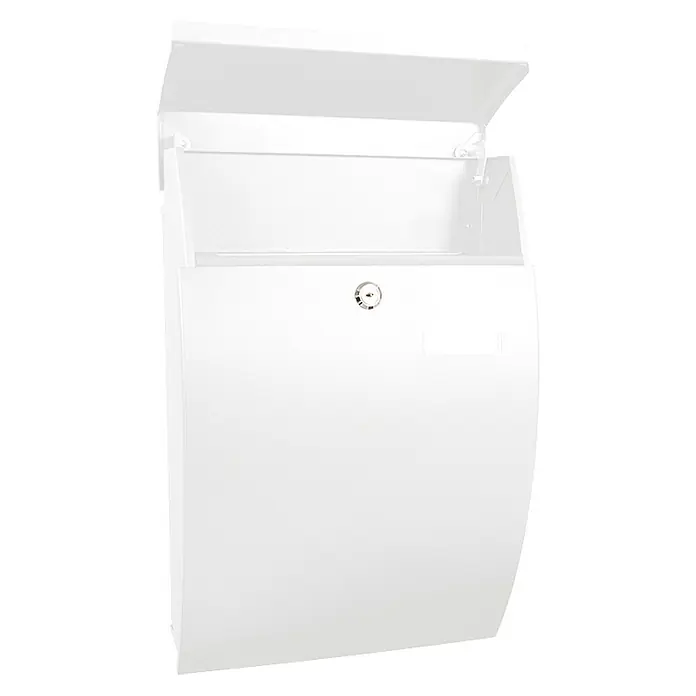Proregal Wandbriefkasten Geronan mit Namensschild - Weiß, Metall, Namensschild - Ein weißer Briefkasten mit einem Schloss und einer Klappe, die offen steht. Ideal für den Empfang Ihrer Post.