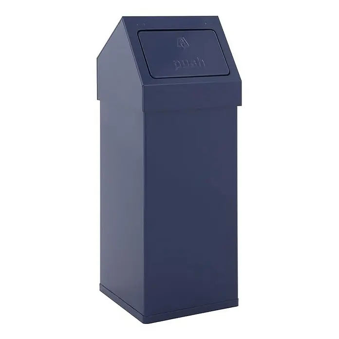 Proregal Schwingdeckeleimer Eckiger Aluminium Abfallbehälter Haiti mit Push-Deckel - 55 l, Aluminium, Blau - Abfallbehälter aus dunkelblauem Metall mit schrägem Deckel, auf dem "Push" steht, ideal für Büros und öffentliche Bereiche.