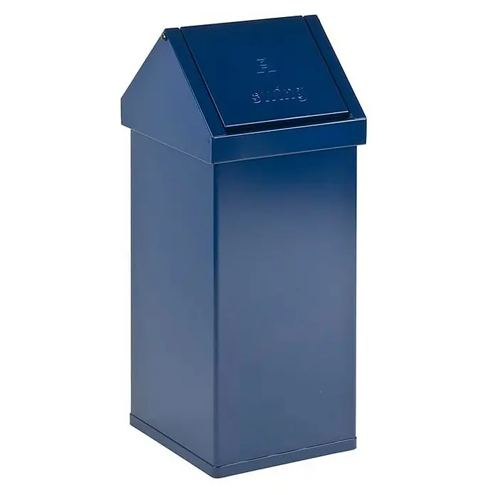 Proregal Standard Mülleimer Eckiger Aluminium Abfallbehälter Haiti mit Swingdeckel - 55 l, Aluminium, Blau - Blauer Sunny-Abfallbehälter mit Kippdeckel, ideal für Innenräume. Das robuste Metallgehäuse sorgt für Langlebigkeit und einfache Reinigung.