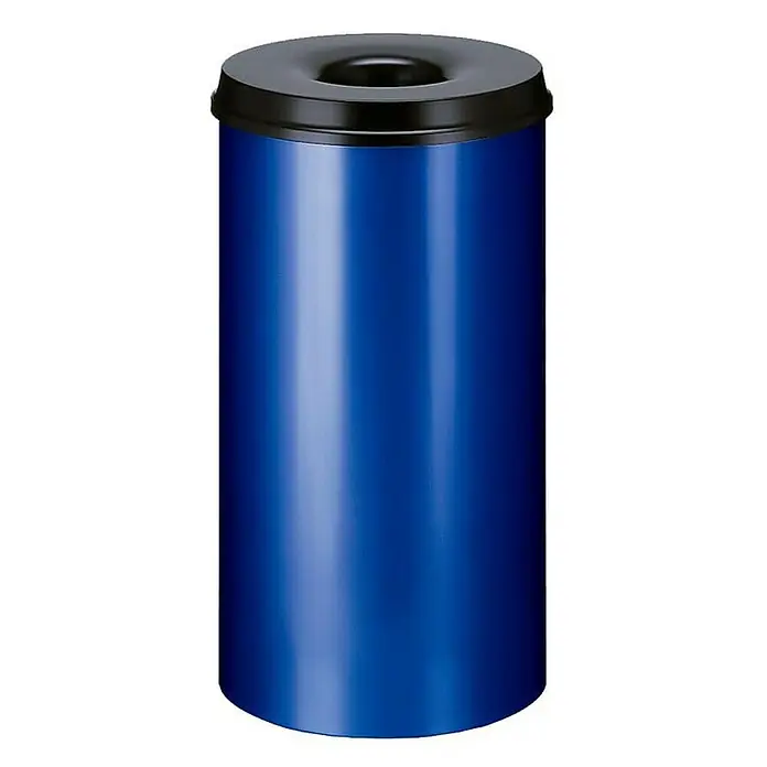 Proregal Papierkorb & Abfallsammler aus Metall selbstlöschend - 50 l, Metall, Blau, Kopfteil Schwarz - Ein blauer, zylindrischer Abfallbehälter mit einem schwarzen Deckel mit einer runden Öffnung in der Mitte. Der Mülleimer steht auf einem weißen Untergrund.