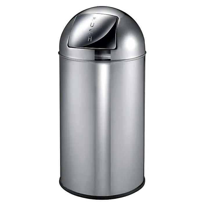Proregal Schwingdeckeleimer Abfallbehälter mit Pushdeckel & Inneneimer aus Metall - 40 l, Metall, Edelstahl / Silber - Ein silberner Edelstahl-Mülleimer mit einem Push-Deckel, perfekt für Büro oder Küche, vereint Hygiene und modernes Design.