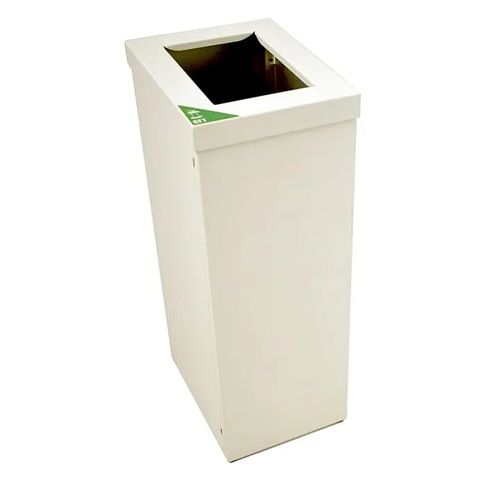 Proregal Standard Mülleimer Wertstoffsammler RecycloFlex 60 - 60 l, Aluminium, Weiß - Ein cremefarbener, rechteckiger Abfallbehälter mit einer rechteckigen Öffnung oben. Das Produkt ist einfach im Design und ideal für Recycling.