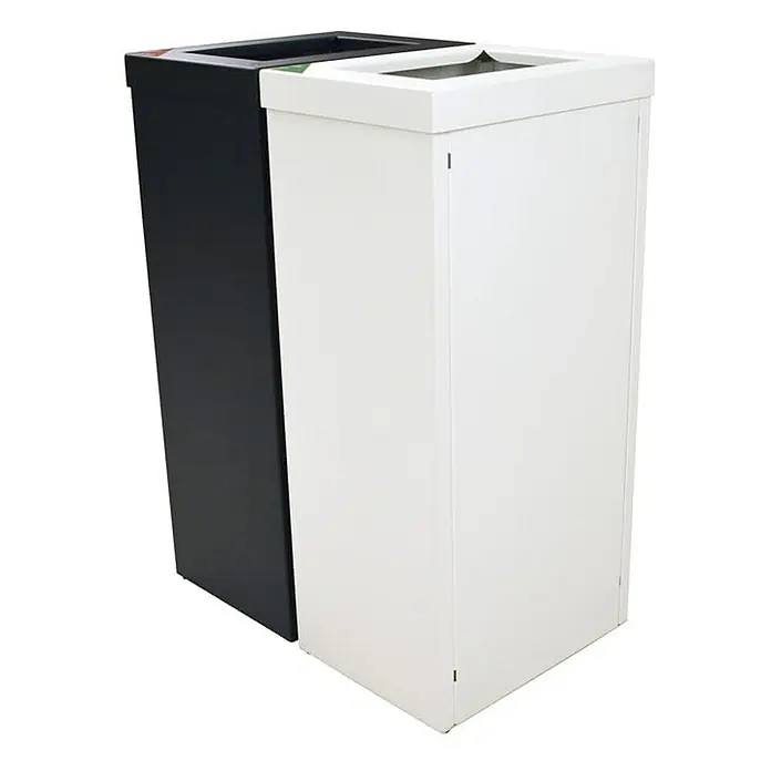 Proregal Standard Mülleimer Wertstoffsammler RecycloFlex 60 - 60 l, Aluminium, Weiß - Zwei nebeneinander stehende Abfallbehälter in Schwarz und Weiß für die Mülltrennung. Praktische Abfallentsorgung für Büro oder Zuhause.