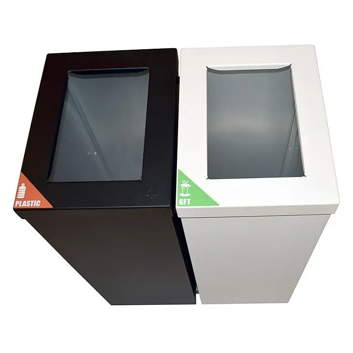 Proregal Standard Mülleimer Wertstoffsammler RecycloFlex 60 - 60 l, Aluminium, Weiß - Zwei Müllbehälter für Recycling: ein schwarzer für Plastik und ein weißer für organischen Abfall, beide mit transparenten Sichtfenstern.