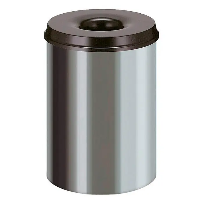 Proregal Papierkorb & Abfallsammler aus Edelstahl selbstlöschend - 30 l, Edelstahl, Silber, Kopfteil Schwarz - Eleganter, zylindrischer Abfallbehälter aus Edelstahl mit braunem Deckel für den Innenbereich. Robust und stilvoll für Büro oder Zuhause.