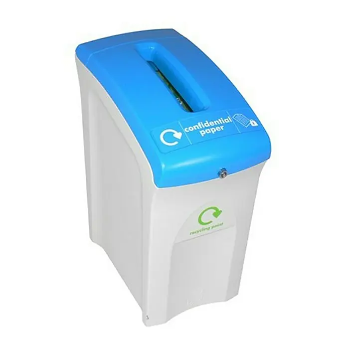 Proregal Standard-Mülleimer Abschließbarer Wertstoffsammler Envirobin mit Deckel "Papier" - 55 l, Kunststoff, Grau, Deckel Blau - Weißer und blauer Papierkorb für vertrauliche Dokumente mit Recycling-Symbolen für die ordnungsgemäße Entsorgung.