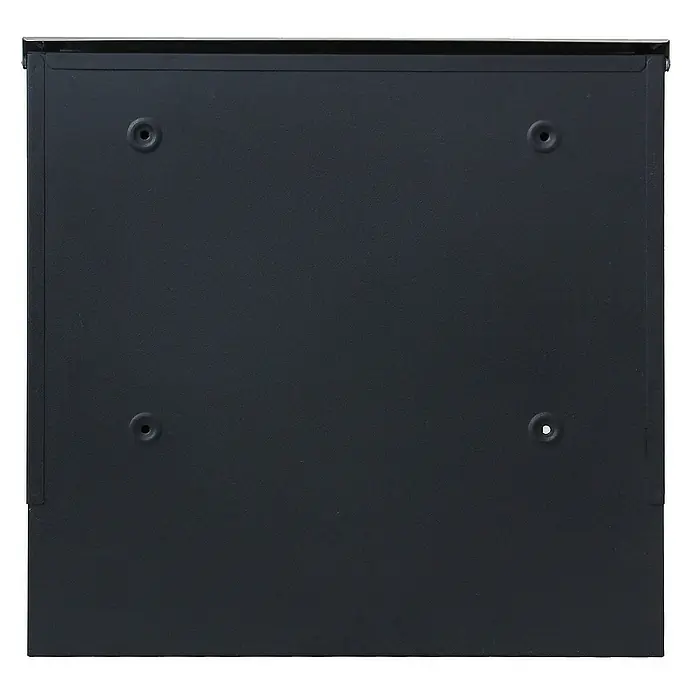 Proregal Wandbriefkasten Briefkasten - Anthrazit-Edelstahl, Metall, Zeitungsfach - Eine Nahaufnahme der Rückseite eines schwarzen Wandbriefkastens mit Befestigungslöchern, ideal für den Außenbereich.