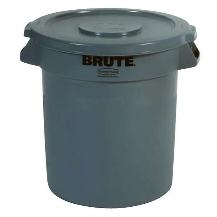 Proregal Standard-Mülleimer Rubbermaid Brute runde Mehrzwecktonne mit Belüftungskanälen - 37,9 l, Kunststoff, Grau - Grauer „Brute“-Müllbehälter mit Deckel. Der robuste Müllbehälter von Rubbermaid ist ideal für den Innen- und Außenbereich.