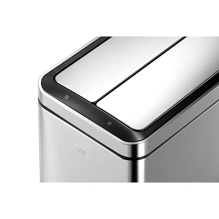 Proregal Sensormülleimer Stilvoller Sensor Abfalleimer aus gebürstetem Edelstahl - 30 l, Edelstahl, Silber - Nahaufnahme eines EKO-Abfalleimers aus Edelstahl mit Sensorsteuerung und Doppelkammer für Mülltrennung, der eine hygienische Entsorgung ermöglicht.