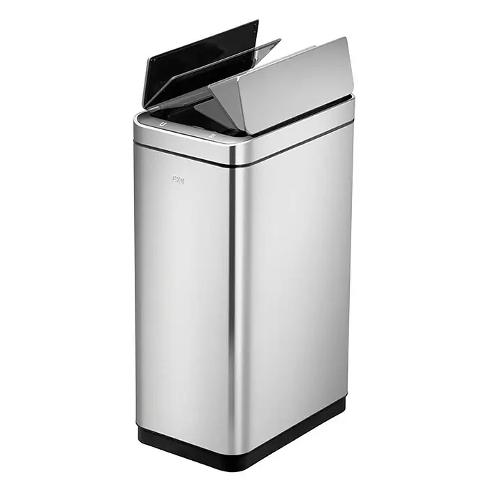 Proregal Sensormülleimer Stilvoller Sensor Abfalleimer aus gebürstetem Edelstahl - 30 l, Edelstahl, Silber - Ein moderner, silberfarbener Abfalleimer mit zwei Klappdeckeln ist auf dem Bild zu sehen. Der Mülleimer hat eine rechteckige Form.