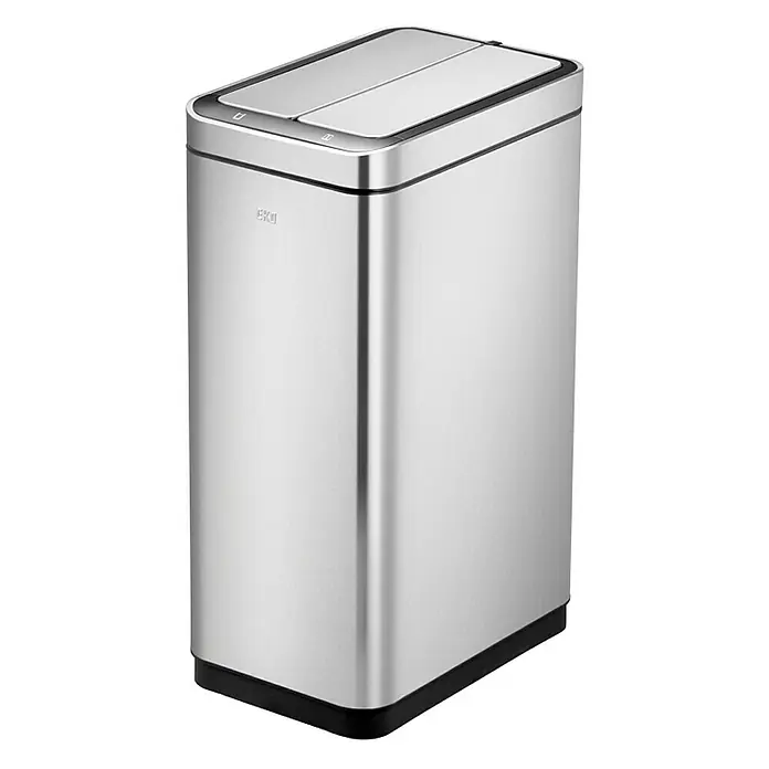 Proregal Sensormülleimer Stilvoller Sensor Abfalleimer aus gebürstetem Edelstahl - 30 l, Edelstahl, Silber - Ein moderner, silberner EKO-Mülleimer mit einem praktischen, zweigeteilten Deckel, ideal für die Abfalltrennung in Küche oder Büro.