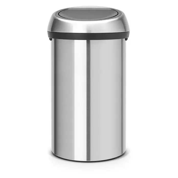 Proregal Standard-Mülleimer Brabantia Abfallbehälter mit Soft-Touch-Öffnung - 60 l, Metall, Matt Edelstahl - Ein schlichter, zylindrischer Mülleimer aus Edelstahl mit einem schwarzen Deckel. Ideal für Büro, Küche oder Badezimmer.