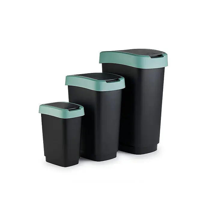 Proregal Standard-Mülleimer Klassischer Abfalleimer für Innenbereich - 25 l, Kunststoff, Schwarz-Grün - Ein Set aus drei schwarzen Abfalleimern mit mintgrünen Deckeln, die in unterschiedlichen Größen aufgereiht sind.