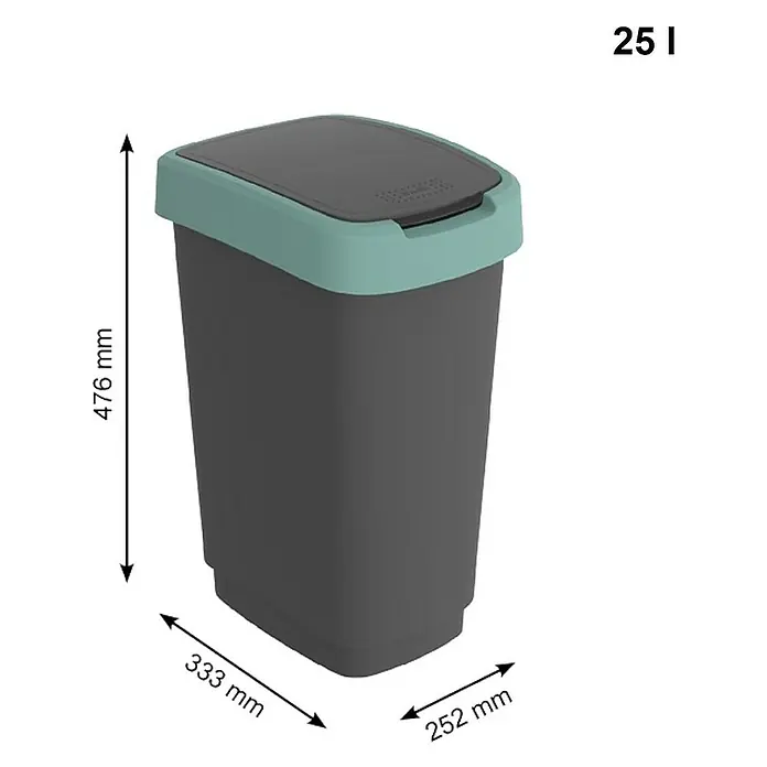 Proregal Standard-Mülleimer Klassischer Abfalleimer für Innenbereich - 25 l, Kunststoff, Schwarz-Grün - Grauer 25-Liter-Abfalleimer mit mintgrünem Deckel und den Maßen 476 mm Höhe, 333 mm Breite und 252 mm Tiefe.