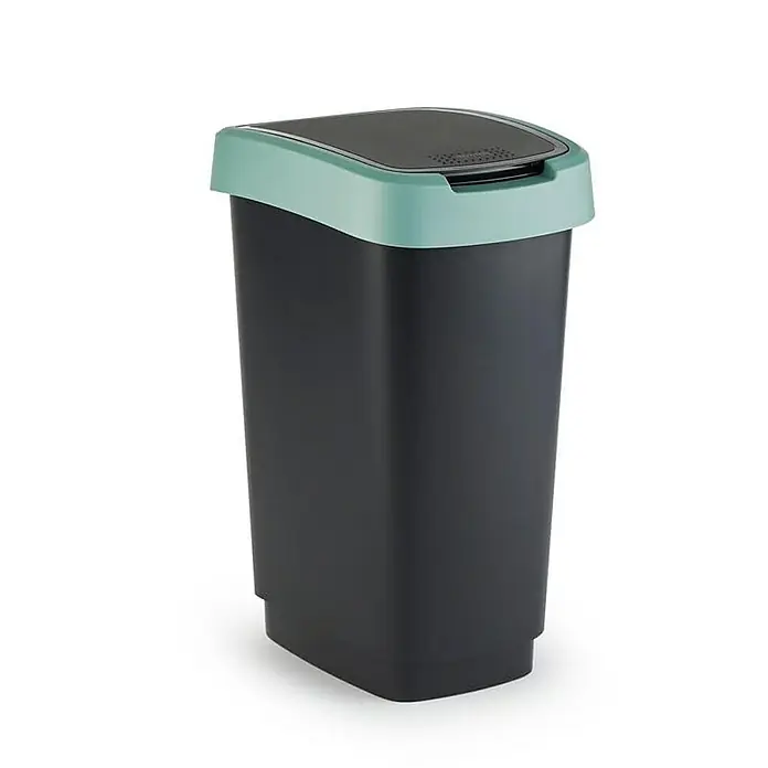 Proregal Standard-Mülleimer Klassischer Abfalleimer für Innenbereich - 25 l, Kunststoff, Schwarz-Grün - Ein stilvoller, schwarzer Abfalleimer mit einem mintgrünen Deckel, ideal für die Küche oder das Büro, um Abfall diskret zu entsorgen.
