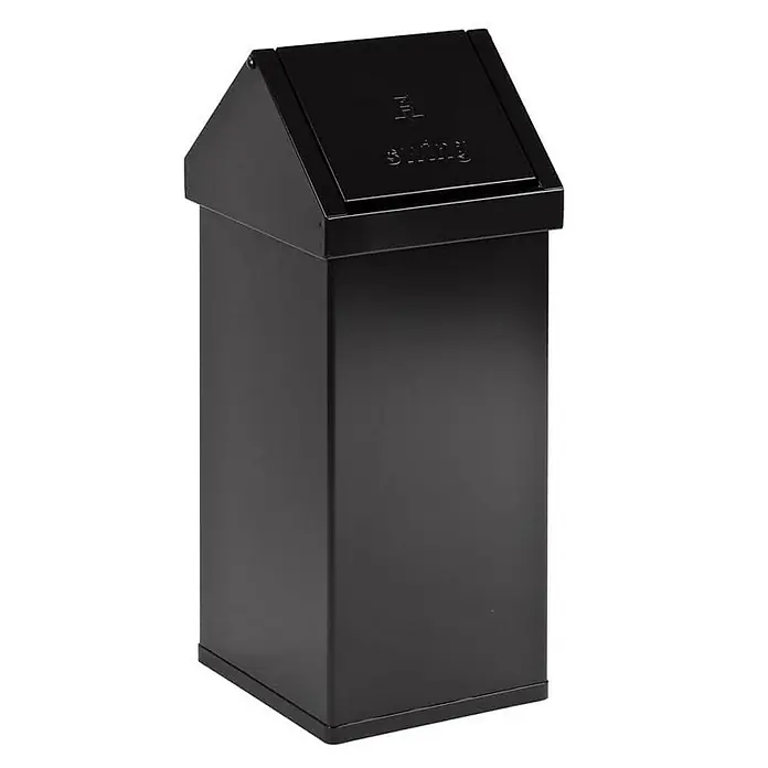 Proregal Standard-Mülleimer Eckiger Aluminium Abfallbehälter Haiti mit Swingdeckel - 55 l, Aluminium, Schwarz - Ein schwarzer Abfallbehälter mit Schwingdeckel, ideal für Büros oder öffentliche Bereiche. Robustes Design für langanhaltende Nutzung.