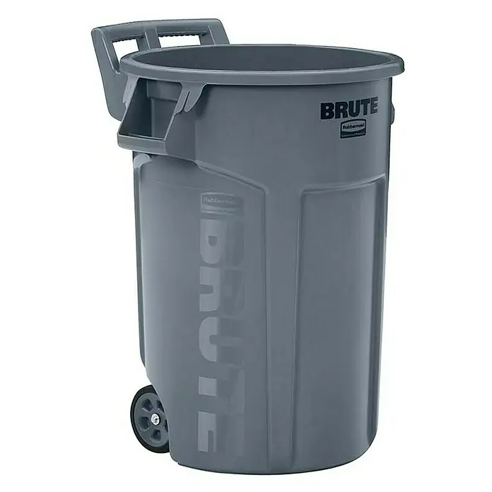 Proregal Standard Mülleimer Rubbermaid Brute runde Mehrzwecktonne auf zwei Rädern mit Belüftungskanälen - 166,5 l, Kunststoff, Grau - Graue, rollbare Mülltonne von Brute mit Griff und dem Schriftzug "Brute" auf der Seite.