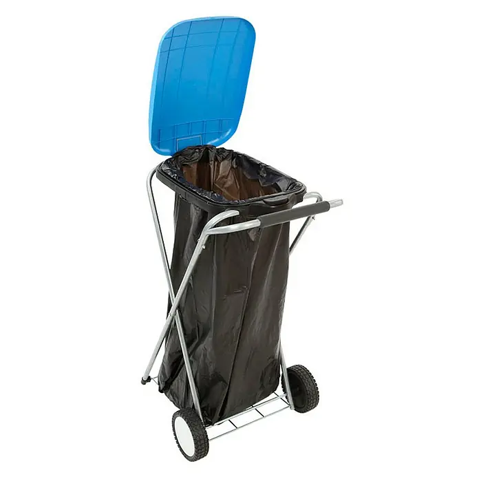 Proregal Müllsackständer Klassisch mit Deckel und Rollen -  - Eine Müllsackkarre mit blauem Deckel und einem schwarzen Müllsack, ideal für den Garten.