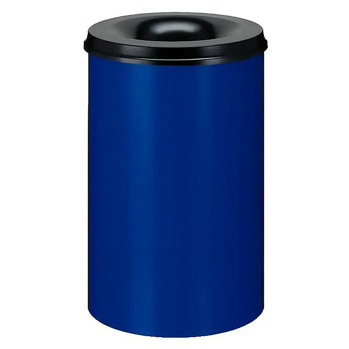 Proregal Papierkorb & Abfallsammler aus Metall selbstlöschend - 110 l, Metall, Blau, Kopfteil Schwarz - Abbildung eines blauen, zylindrischen Abfallbehälters mit schwarzem Deckel. Ideal für Büro oder öffentliche Räume. Stilvolles Design für Sauberkeit.