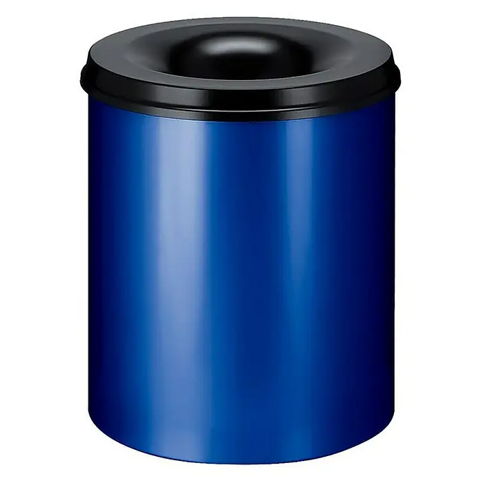 Proregal Papierkorb & Abfallsammler aus Metall selbstlöschend - 80 l, Metall, Blau, Kopfteil Schwarz - Blauer, zylindrischer Abfalleimer mit schwarzem Deckel und runder Einwurföffnung. Geeignet für Büro oder öffentliche Bereiche.